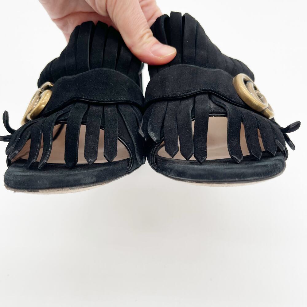 Gucci Marmont Black Suede Kiltie Fringe Block Heel Mules Sandals Slides EU 40 - Picture 7 of 13